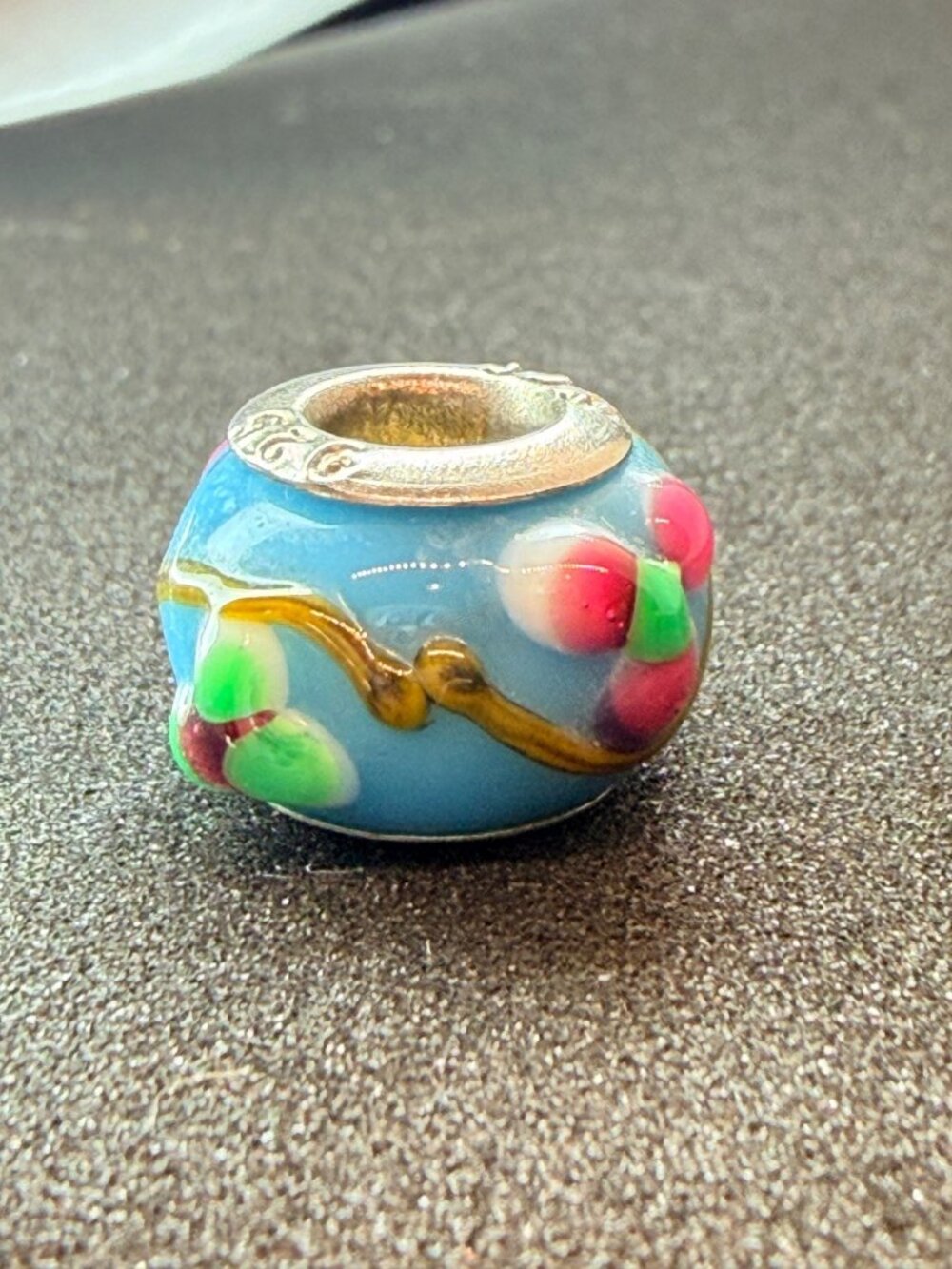 925 Sterling Silver Blue Floral Vine Lampwork Glass Charm